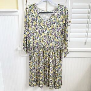 Ella Simone Yellow & Purple Ditsy Floral Cottagecore Pocket Dress Size Small
